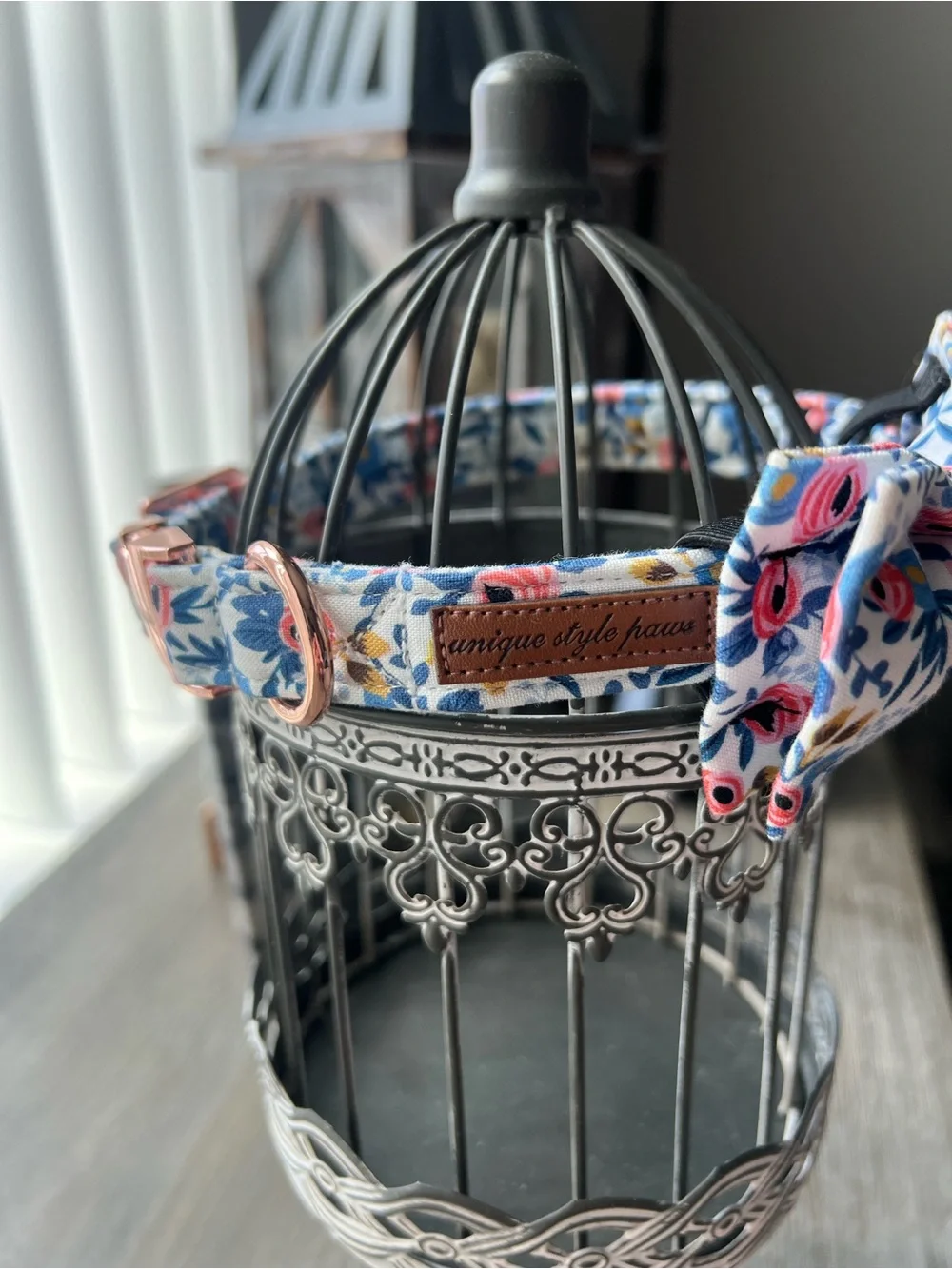 Unique Style Paws Floral Rose Gold Buckle Dog Collar - Blue & Pink